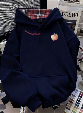 ZHAP重磅格子连帽卫衣女秋冬款藏青色ins小众设计感加绒加厚上衣