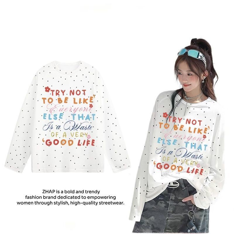 ZHAP新款圆领波点罩衫长袖t恤上衣女设计感爆款百搭港风小众上衣