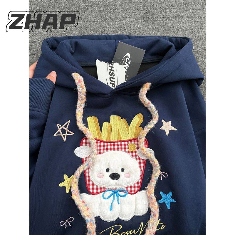 ZHAP刺绣毛绒薯条狗狗格纹耳朵连帽卫衣女秋冬通勤慵懒风加绒外套