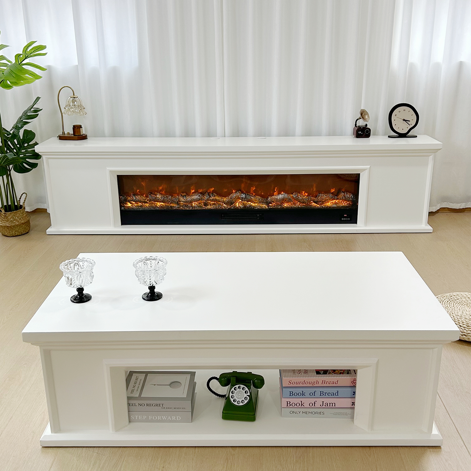 法式奶油风电视柜带灯仿真火焰取暖壁炉白色现代简约客厅置物柜子