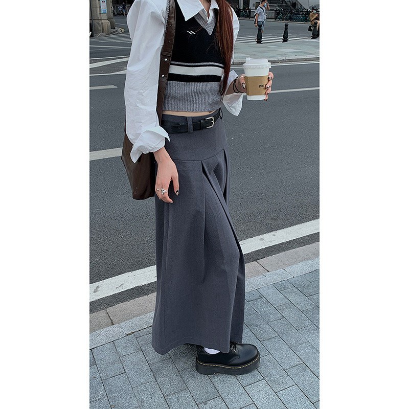 灰色西装半身裙女春夏中长款xA字裙设计感小众高腰显瘦百褶裙长裙