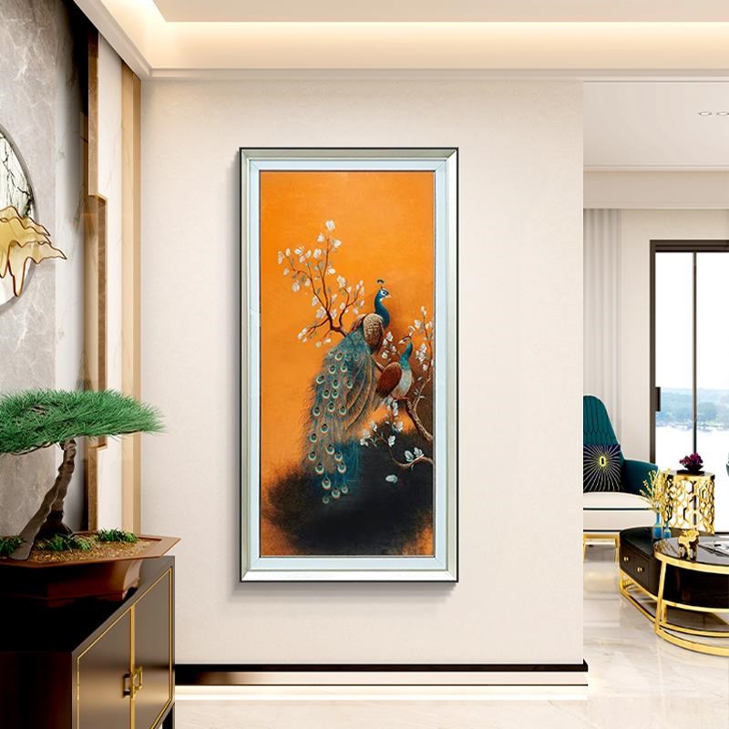 高端刺绣立体实物装饰画苏绣入户玄关挂画钢化玻璃装裱挂画孔雀14图片