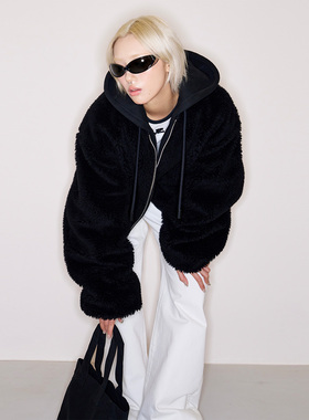 FILGood25年冬季新款 黑色100绵羊毛假两件外套 袖子偏长FG05C09