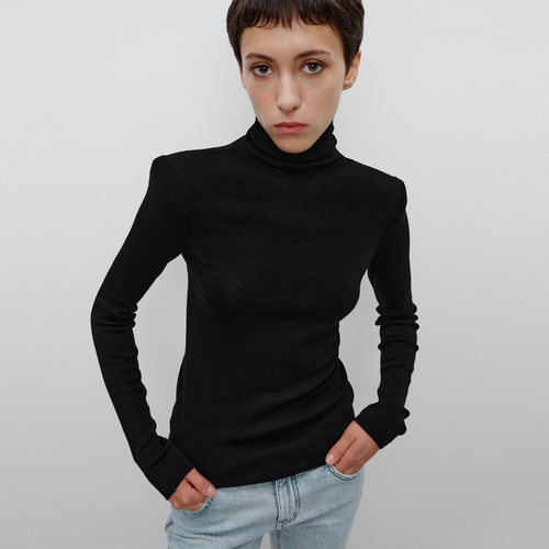 FILGood秋冬新品 套头长袖毛衫黑色 100绵羊毛垫肩款FG02K02