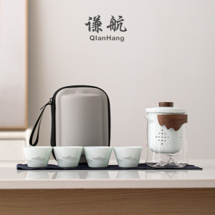 户外旅游便携玻璃快客杯一壶四杯伴手礼 谦航德化白瓷旅行茶具套装