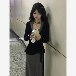 法式 2025新款 小個子巨好看一整套裝 長裙 灰色掛脖連衣裙子女早秋季