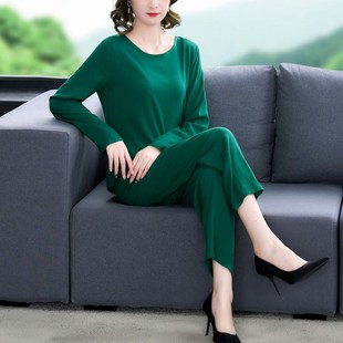 休闲纯色长袖 两件套睡衣家居服中老年人造棉 棉绸套装 q女外穿时尚