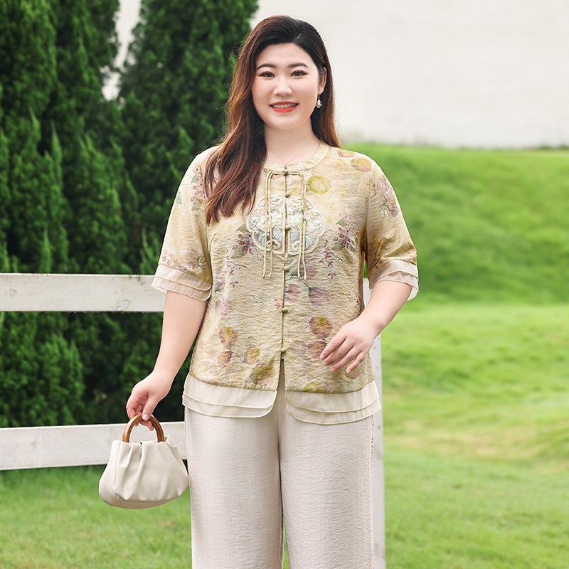 Q夏装短袖衬衫大码妈妈新中式国风复古盘扣加肥显V瘦印花开衫上衣