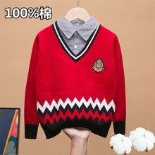 薄款春秋b冬男童假两件全棉纯棉毛衣针织衫中小童红色打底衫男孩