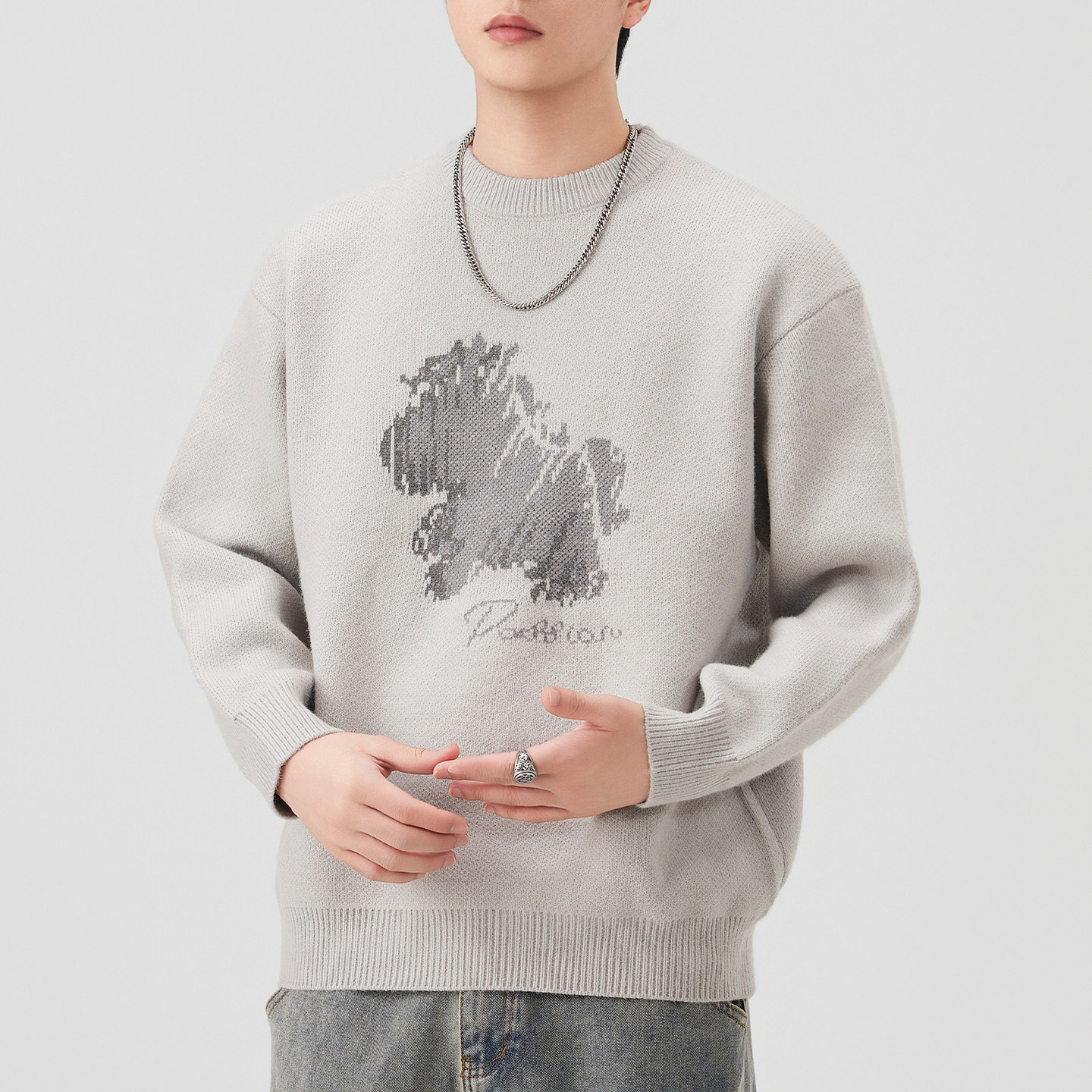 冬季款保暖宽松圆领针织衫外套男美式复古重磅绒感本命年红色毛衣