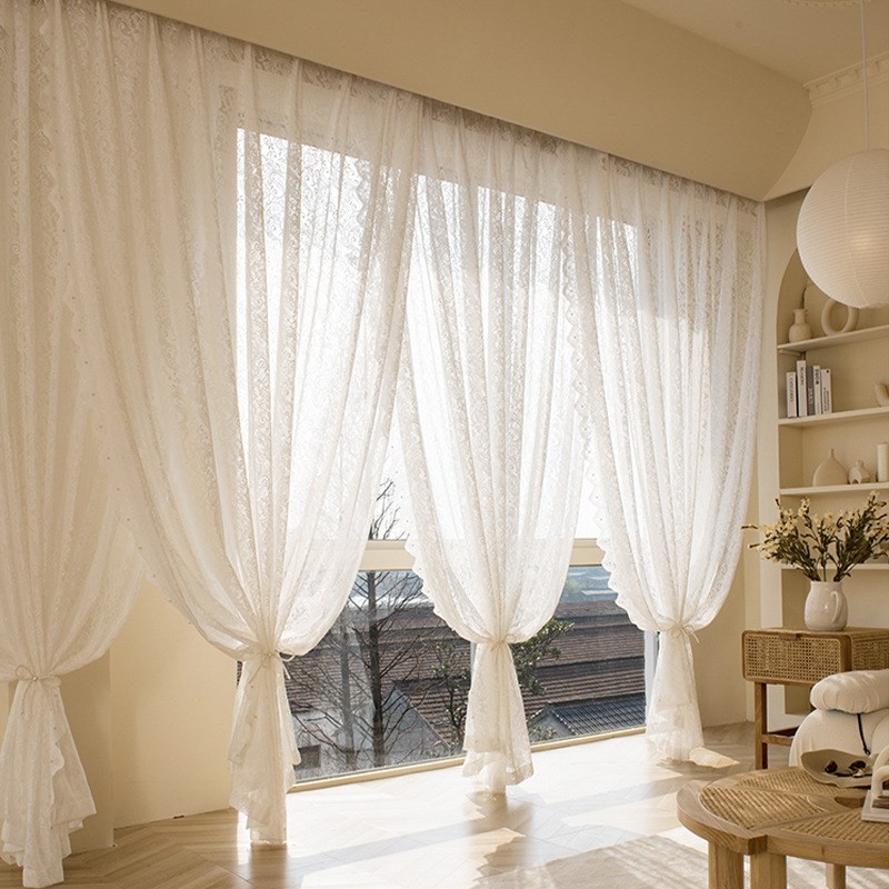 白色蕾丝法式f门帘 免打孔家用纱帘阳台窗帘 夏季2023新款伸缩杆