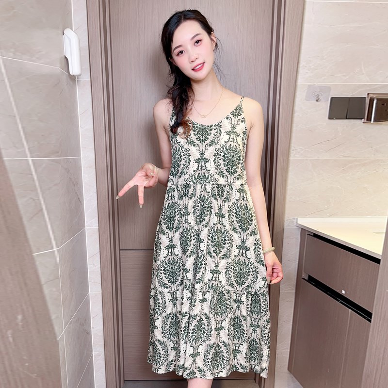 无袖连衣裙夏季新款中长款棉绸妈妈装大I码显瘦宽松睡裙吊带背心