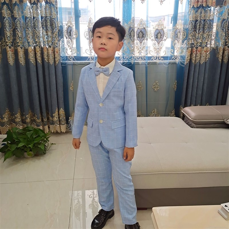 儿童西装薄款男童表演马甲小西服生日主持节目礼U服套装格子外套
