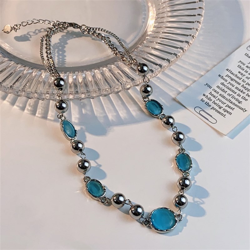 法式复古蓝色树脂几何项链宫廷风高级感锁骨链时尚轻奢中古项饰女