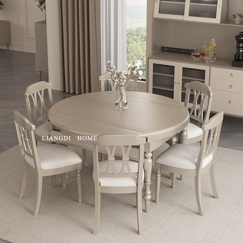 美式轻奢实木香槟色餐桌椅子组合伸缩折叠圆桌现代客厅6人8人桌子