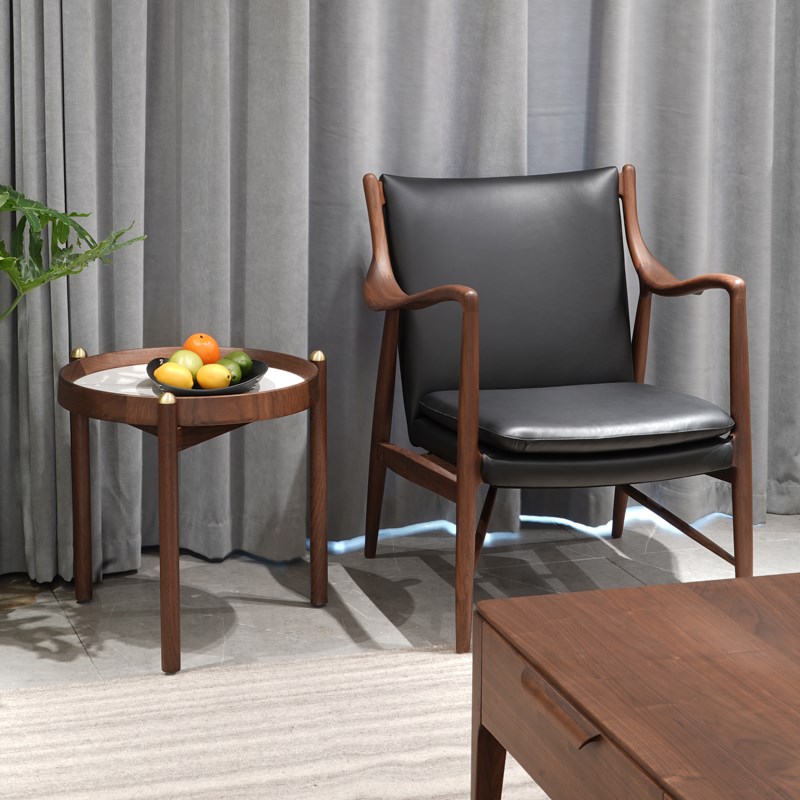 北美黑胡桃木休闲椅客厅单人沙发意式极简沙发椅椅实木真皮扶手椅