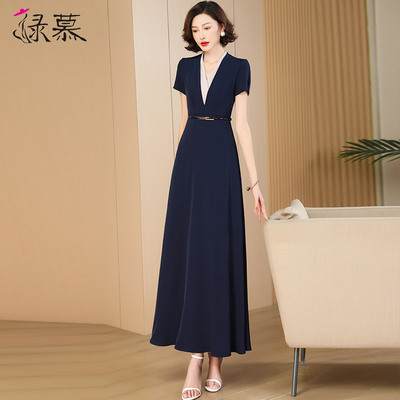 高级感藏蓝色连衣裙女2024y夏季新款修身高端正式场合超长裙到脚