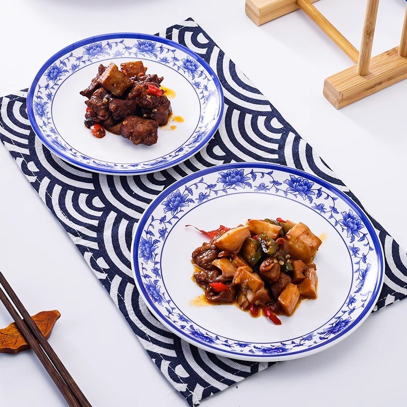 密胺圆盘酒店塑料仿瓷餐具青花瓷平盘浅盘酒店餐厅菜盘子骨碟商用