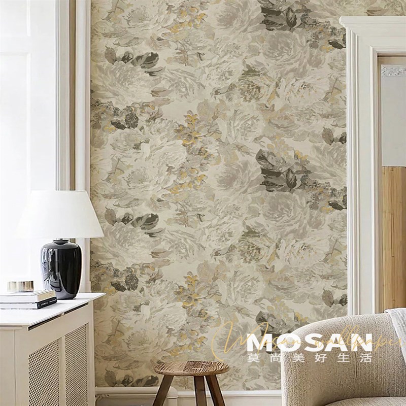 法式奶油风壁纸墙布复古美式壁布花朵卧室轻奢电视背景墙手绘墙纸