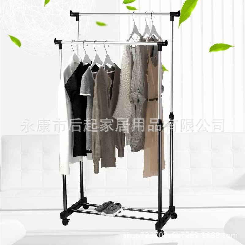 不锈钢简易单杆双杆伸缩落地晾衣架阳台室内家用折叠晾衣架可移动