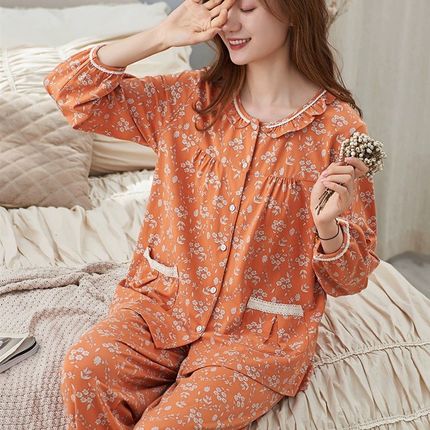 睡衣女士春秋款纯棉长袖家居服秋冬季中年M妈妈大码可外穿全棉套
