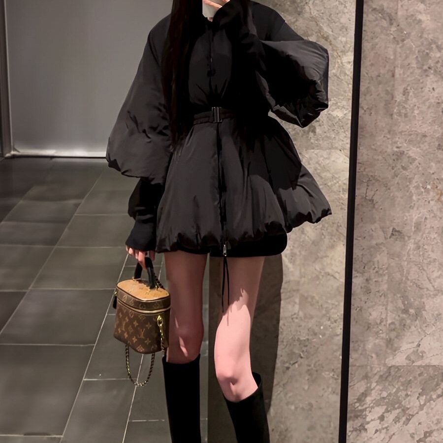 韩系小香风棉服女黑色灯笼袖收腰时尚保暖棉袄高级感面包服外套