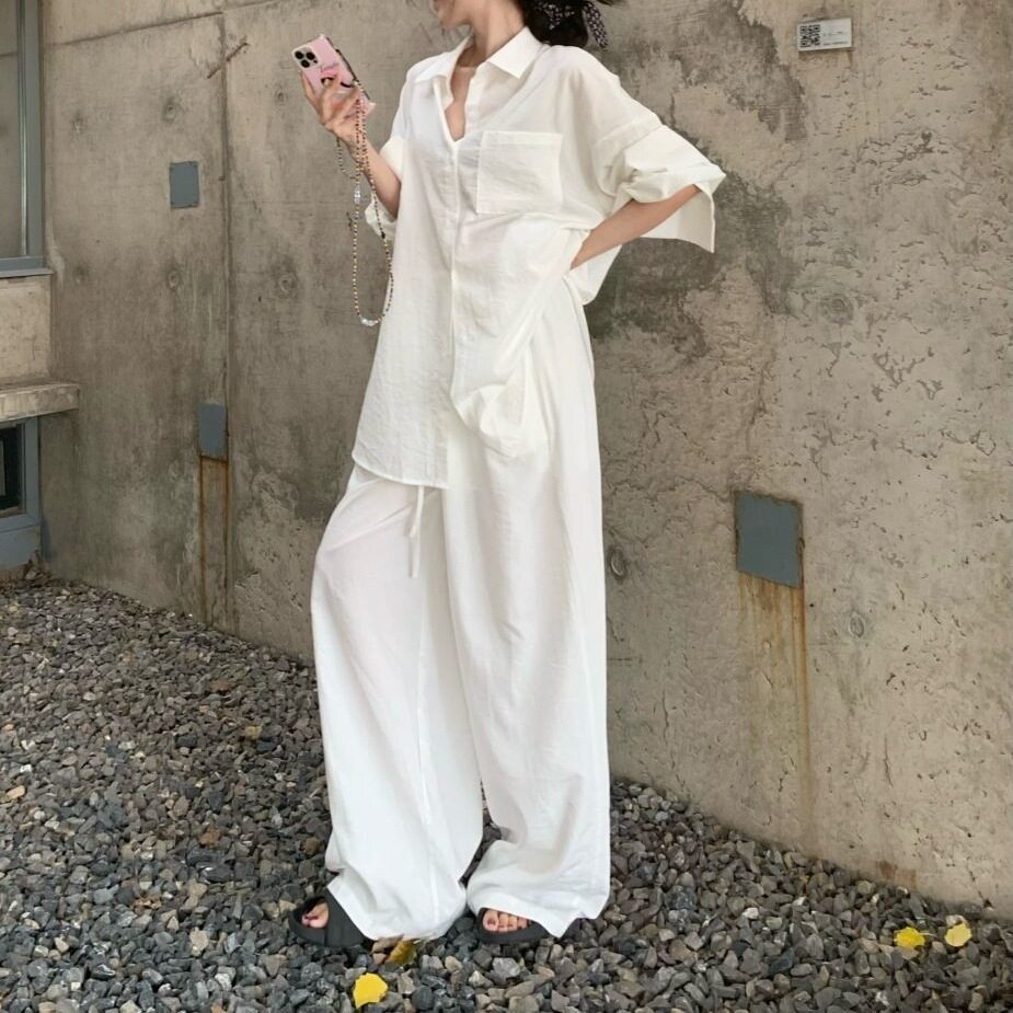 气质白色polo领衬衫上衣松弛感套装女夏季时尚休闲阔腿裤子两件套