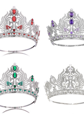 复古奢华红色锆石皇冠新娘婚礼头饰晚宴女王大气王冠走秀皇冠