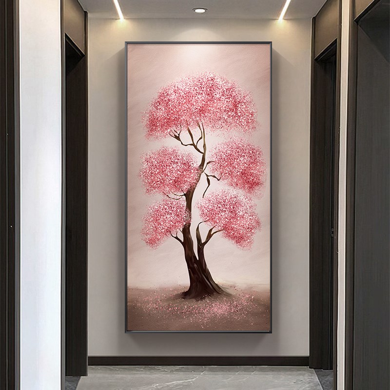 手绘玄关挂画发财树走廊尽头装饰画E大芬村油画粉色竖版楼梯间壁图片