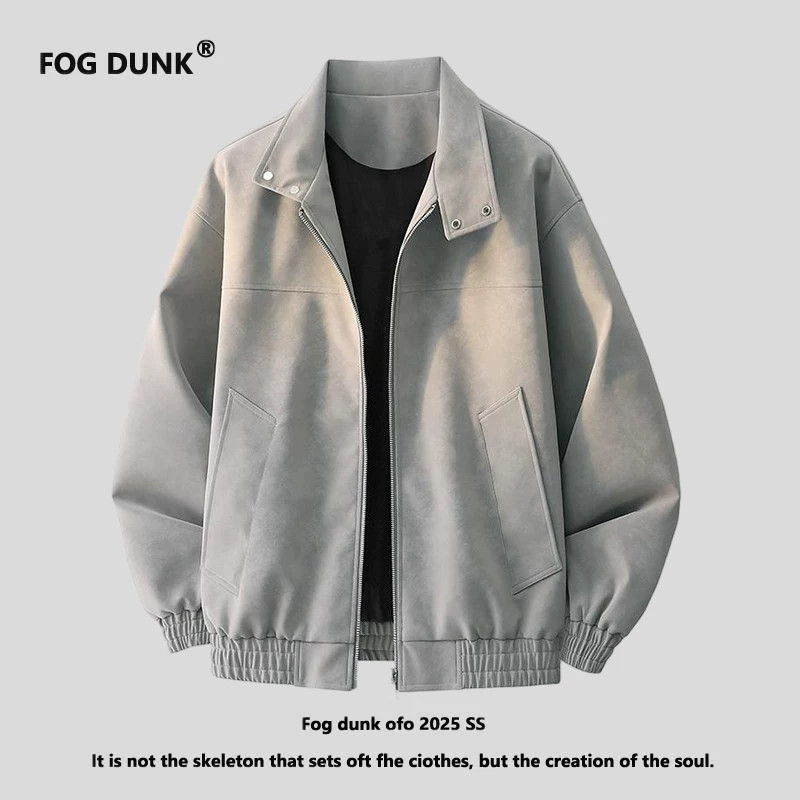 FOG DUNK美式潮牌复古立领外套男春季宽松痞帅PU皮夹克青少年款潮