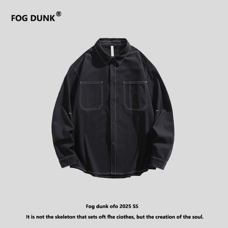 FOG DUNK日系复古纯色长袖衬衫男款春秋季街头宽松情侣衬衣男