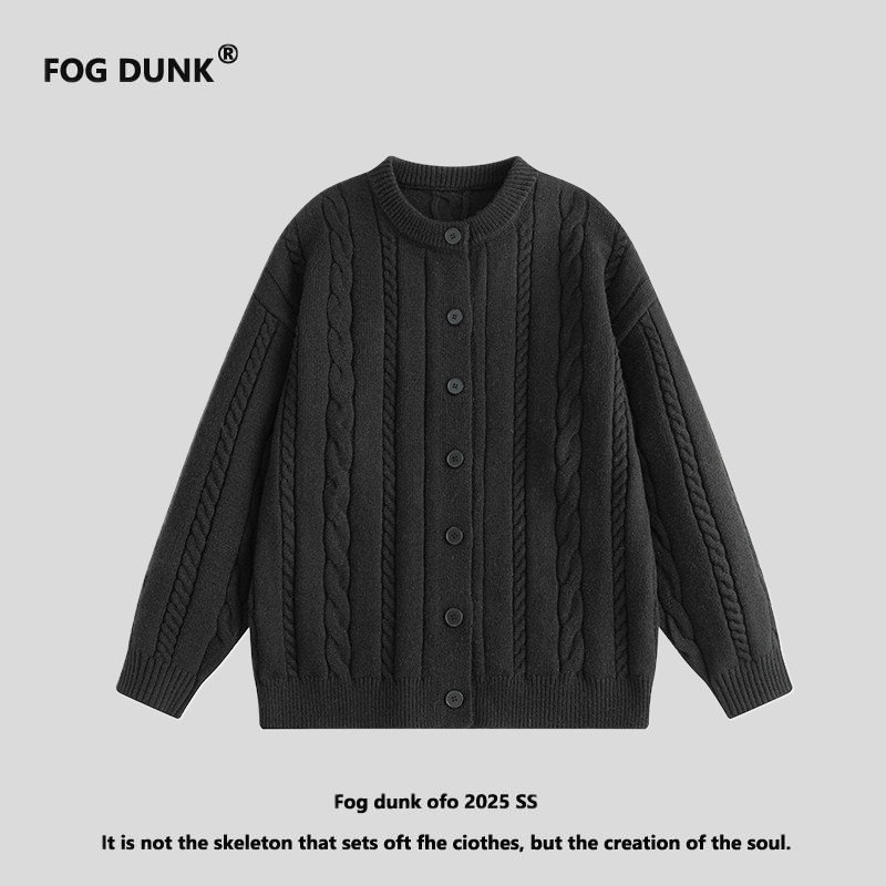 FOG DUNK美式复古麻花针织开衫外套男女款立领设计感休闲毛衣