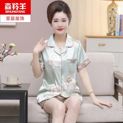 夏天妈妈短袖冰丝凉感p睡衣可外穿薄款中年人女士半袖短裤开衫套