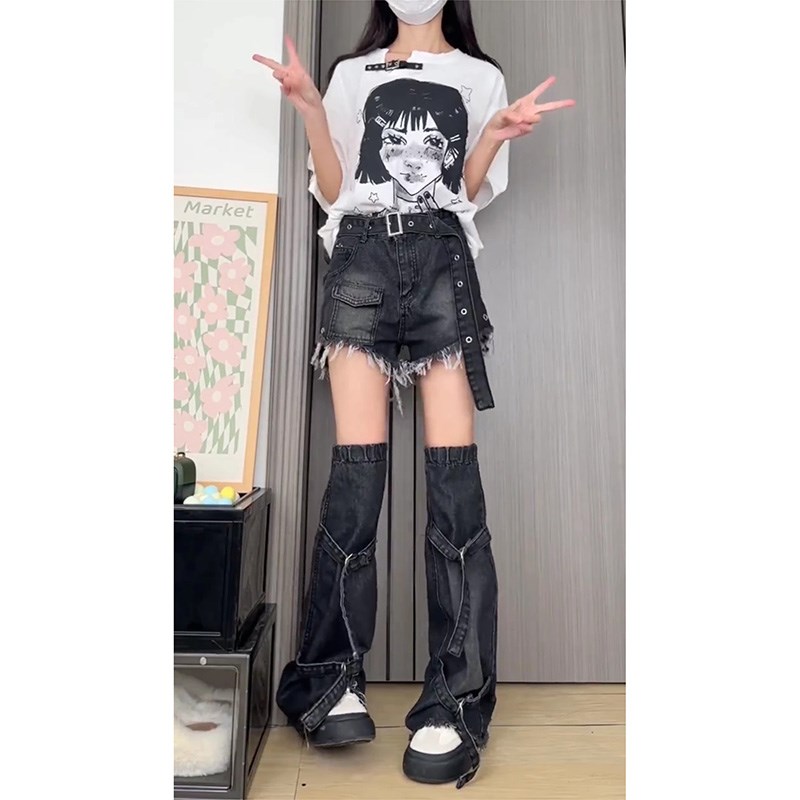 大码胖妹妹黑色毛边阔腿牛仔短裤女夏季设计感小众穿搭Z腿套两件