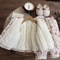 儿童睡衣2023新款秋冬款碎花加厚女童加绒家居Q服三层夹棉冬季宝