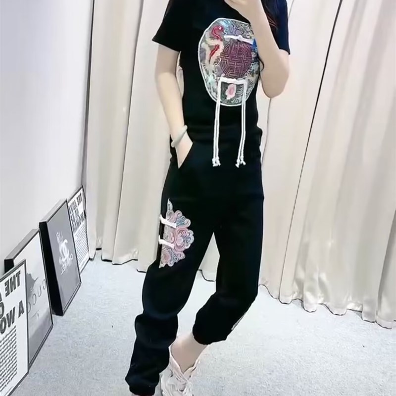 欧货时尚休闲运动大码套装女u胖mm国风刺绣短袖上衣显瘦裤子两件