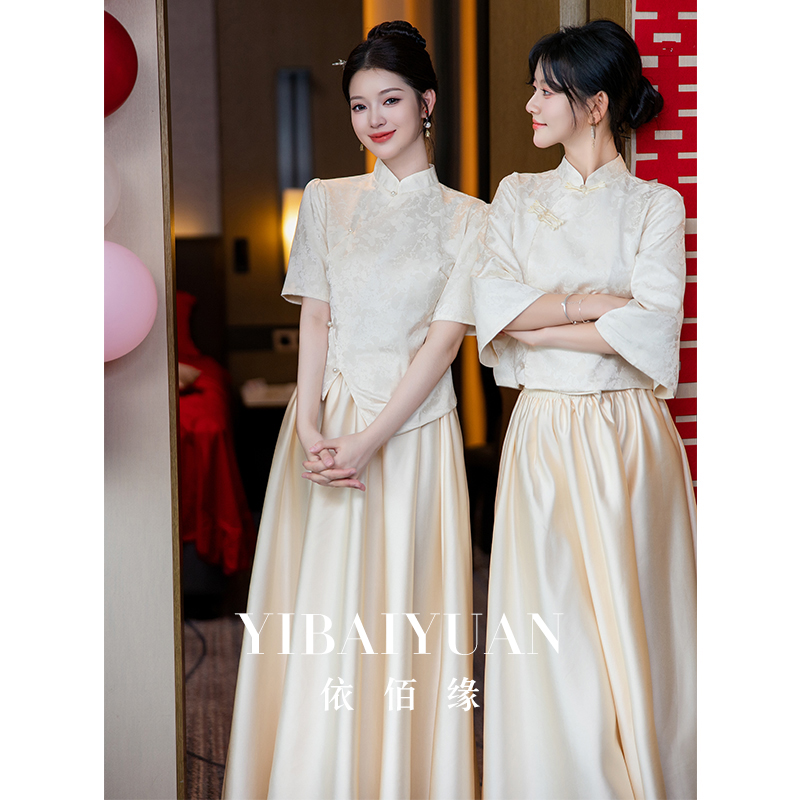香槟色婚礼姐妹团晚礼服连衣裙女2024新款新O中式伴娘服套装高级