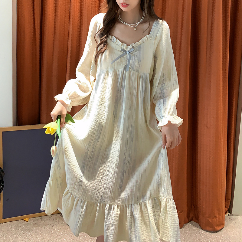 水墨风绉布长袖长裙睡裙秋w季女士纯棉纱布带胸垫防凸点洋装睡衣