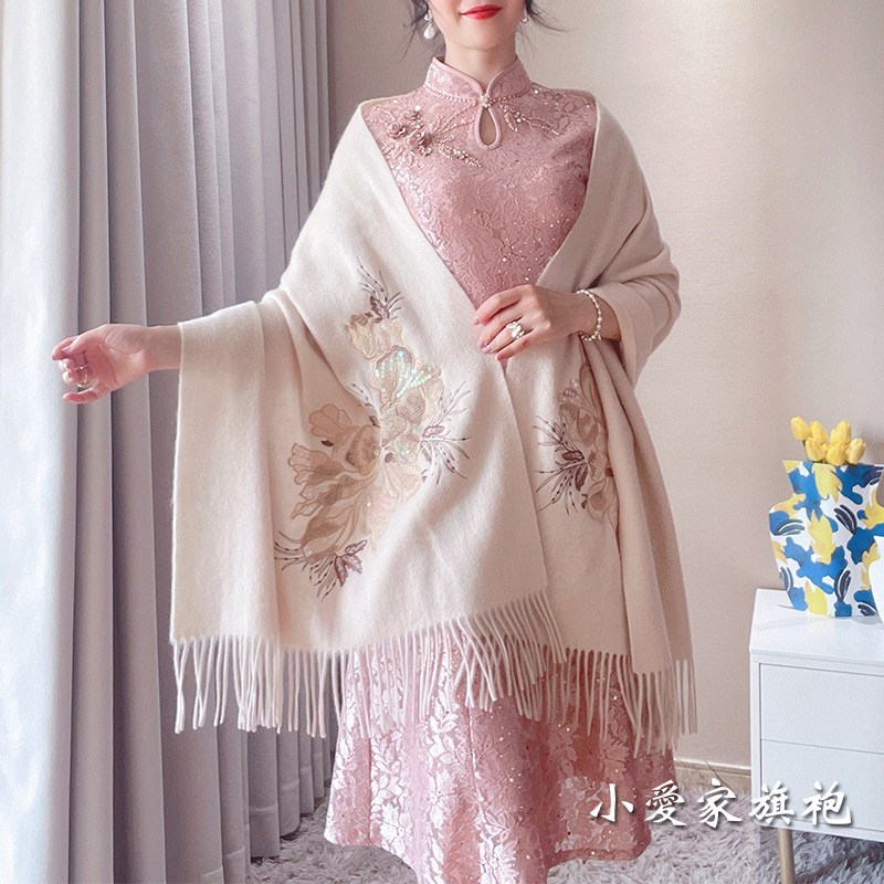 杏色羊绒披肩羊毛婚宴妈妈喜婆z婆旗袍礼服外搭春秋高端品质中国