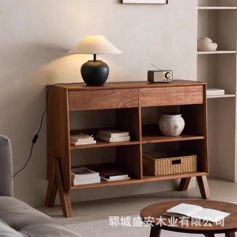 民宿侘寂风实木餐边柜客厅多功能茶具储物柜仿古中式老榆木茶水柜