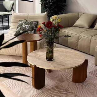 侘寂风实木洞石茶几极简小茶台小户型客厅家用圆形阳台大理石矮桌