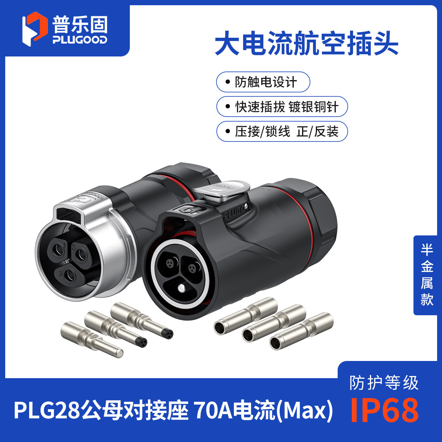 普乐固PLG28公母对接航空插头3芯50A大功率大电流防水工业连接器