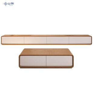 小户型简约现代收纳储物柜日系原木色实木电视柜茶几组合一体落地