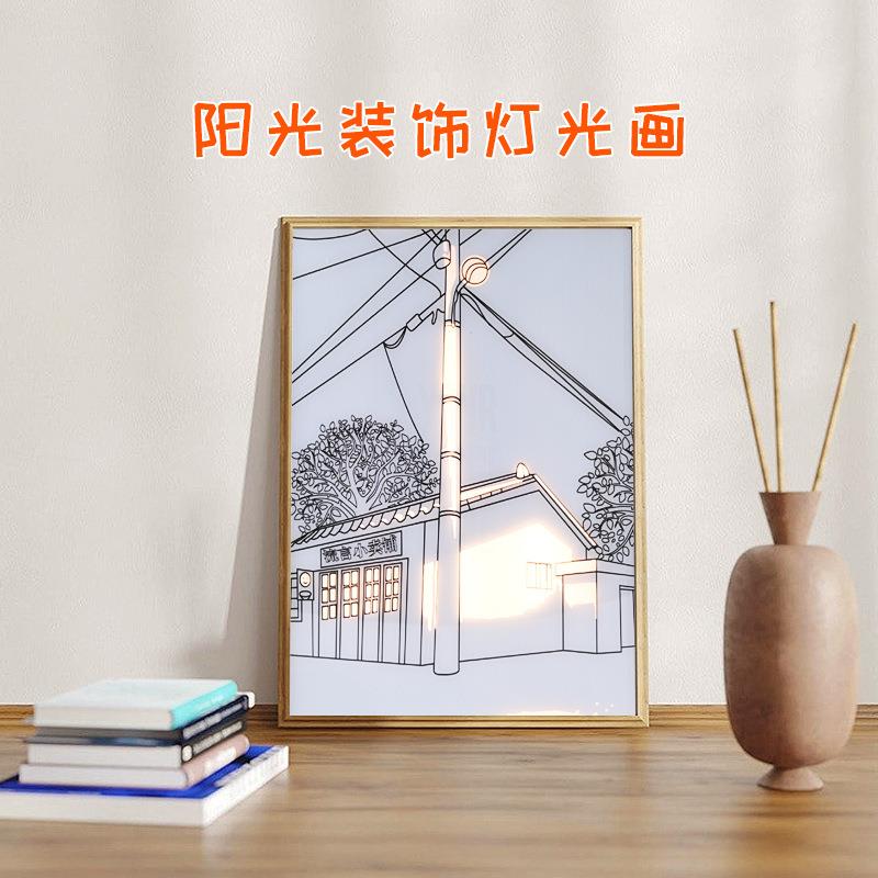 网红ins灯光画三色变光室内装饰挂画会发光的素描画小夜灯USB插口图片