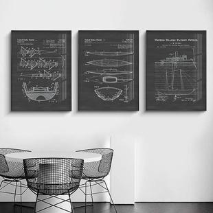 黑白工业风线条创意船体结构图工作室挂画客厅门店装饰画