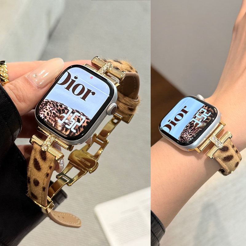 适用苹果iwatch蝴蝶扣真皮表带