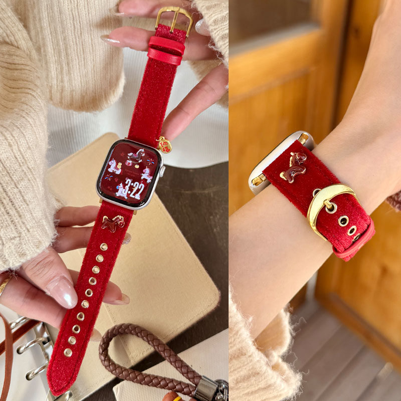 适用苹果iwatch S11代手表S10表带S98765432新年纳福真皮表带SE潮款Ultra2马年红色透气女新款腕带