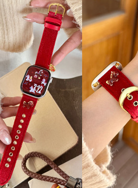 适用苹果iwatch S11代手表S10表带S98765432新年纳福真皮表带SE潮款Ultra2马年红色透气女新款腕带