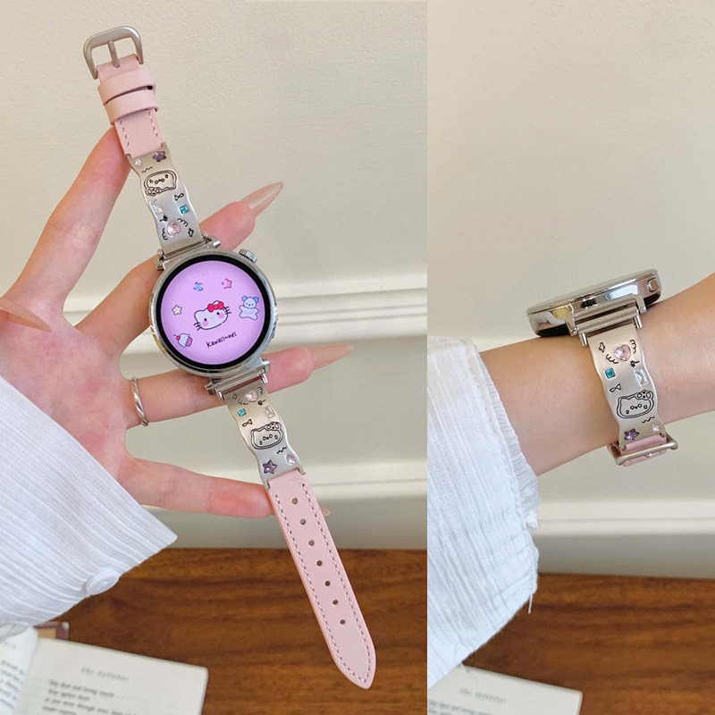 适用三星watch 8手表表带Watch 7 Utra插画KT金属拼真皮表带6/5/4/3 classic女新款腕带active透气运动替换带