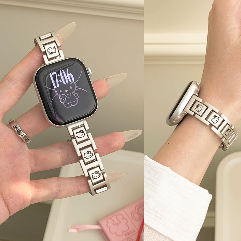 适用苹果iwatch S10手表S987654表带不锈钢可爱KT猫女款新潮Ultra2夏透气小众创意